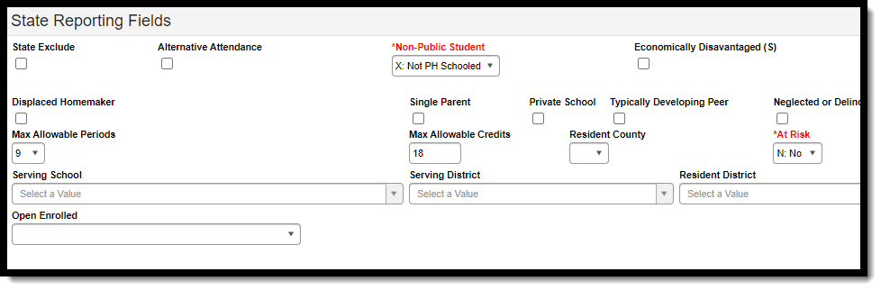 Screenshot of State Reporting Fields for Idaho enrollment