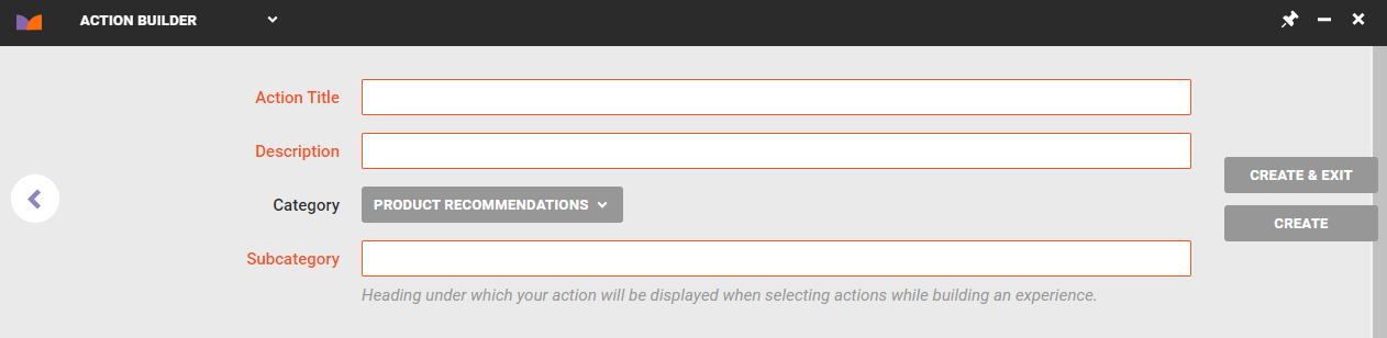 The final screen of Action Builder, with the Action Title, Description, and subcategory fields and the CREATE & EXIT button