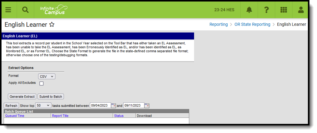Screenshot of the English Learner Report located at Reporting, OR State Reporting