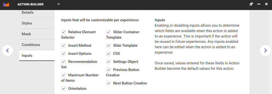 The Inputs tab of Action Builder for an Intelligent Recommendations Slider action
