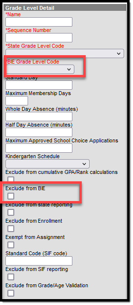 Screenshot of the BIE Grade Level Detail editor.
