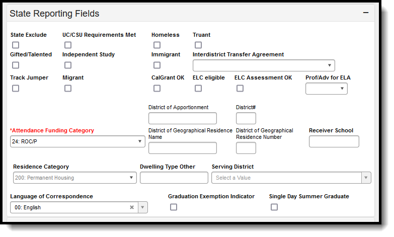 Screenshot of the State Reporting Fields enrollment editor for California.