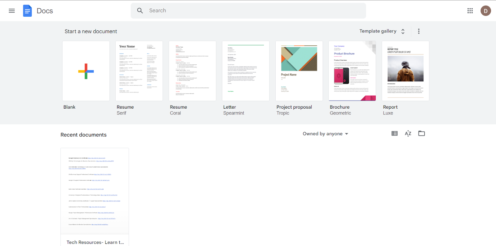 A screenshot of Google Docs' main page
