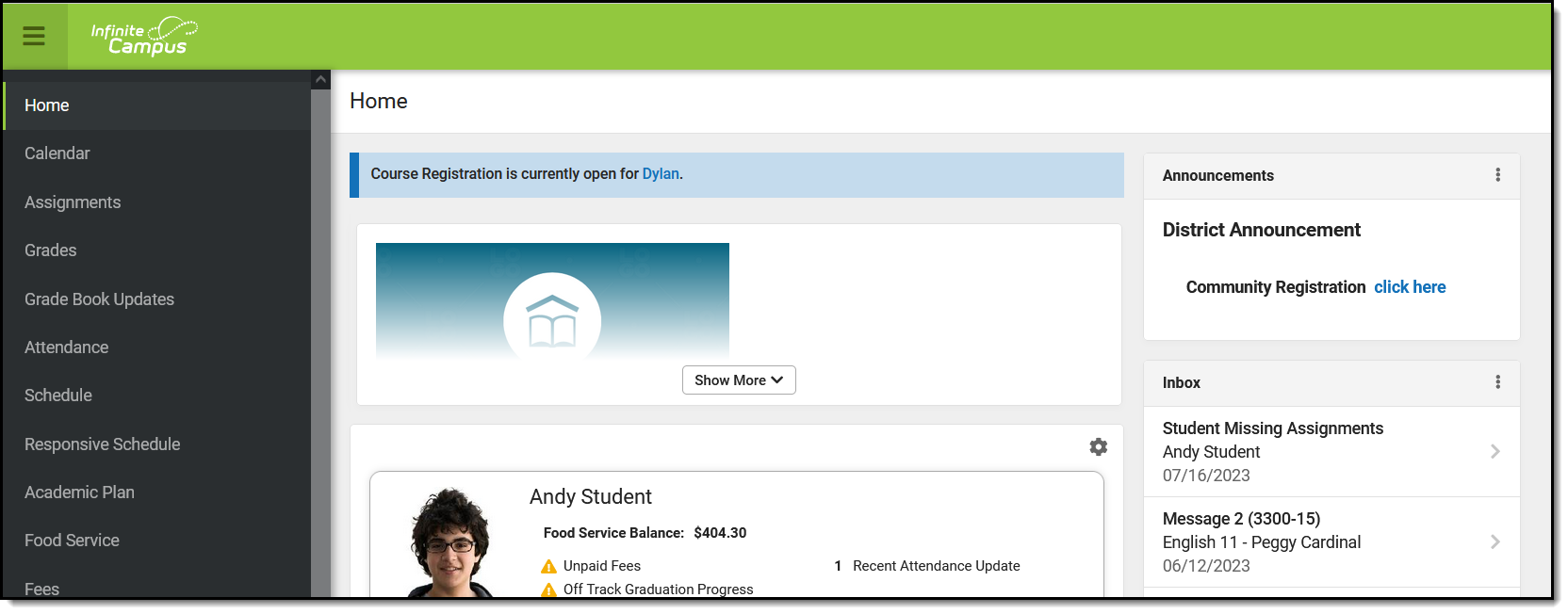 Screenshot of a parent's home page with the index on the left, students in the middle, and announcements and messages on the right.  