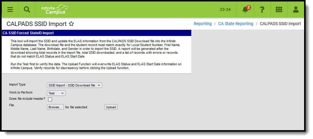 Screenshot of the CALPADS SSID Import, located at Reporting, CA State Reporting.