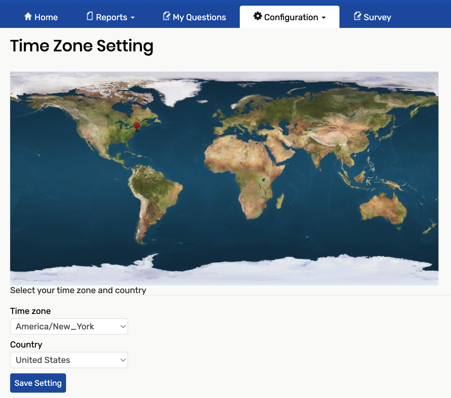 timezone setting configuration page