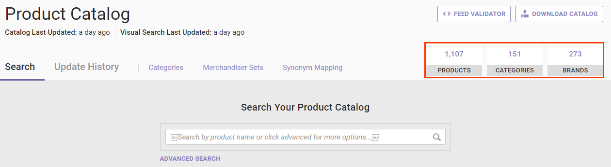 View of the Product Catalog page for Monetate's deprecated product catalog feed specification, with a callout of the PRODUCT, CATEGORIES, and BRANDS counts