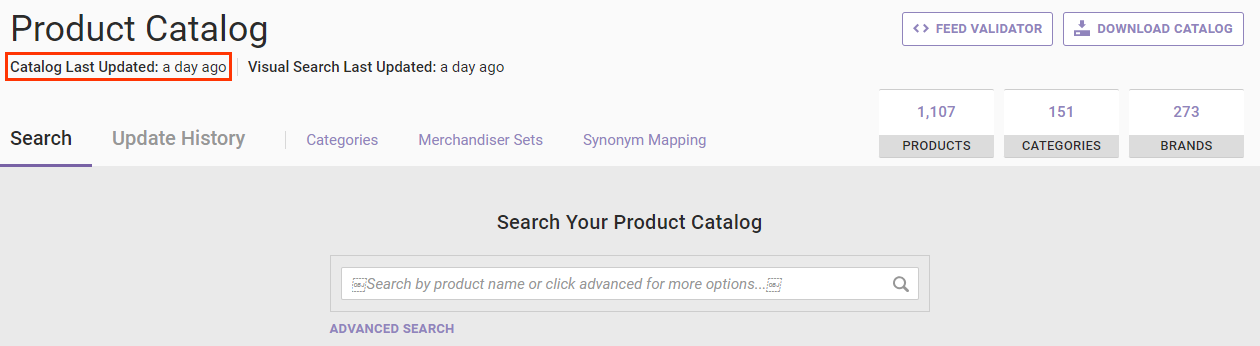 Callout of the 'Catalog Last Updated' field on the Product Catalog page for Monetate's deprecated product catalog feed specification