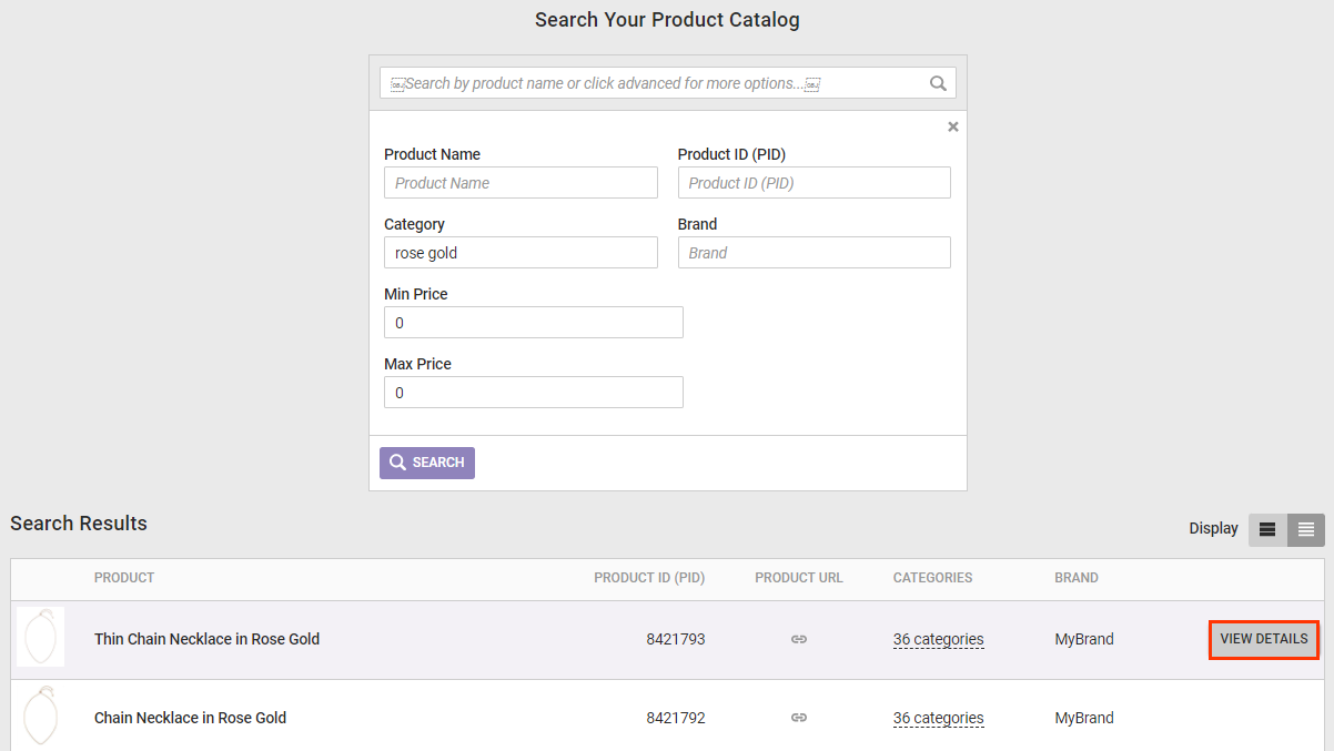 Callout of the VIEW RESULTS button for an item in the table of search results on the Search tab of the Product Catalog page for Monetate's deprecated product catalog feed specification
