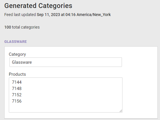 The modal for viewing the name and products within a category in the Generated Categories list on the Categories page for Monetate's legacy product feed specification