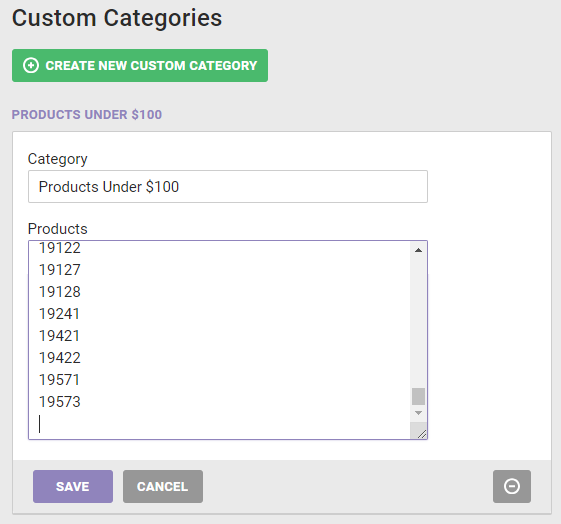 The modal for editing the name and products within a category in the Custom Categories list on the Categories page for Monetate's legacy product feed specification