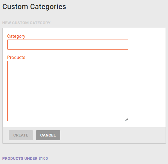 The NEW CUSTOM CATEGORY modal on the Categories page for Monetate's legacy product feed specification