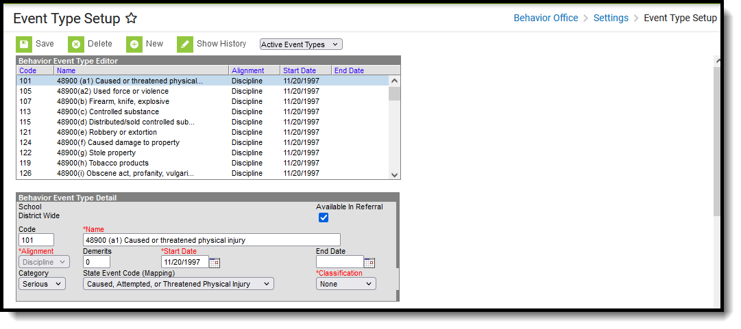 Screenshot of the Behavior Event Type Setup editor located at Behavior Office, Settings.