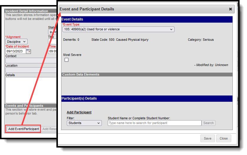 Screenshot of the Event and Participant Details editor that displays when adding an Event to a Behavior Incident.  