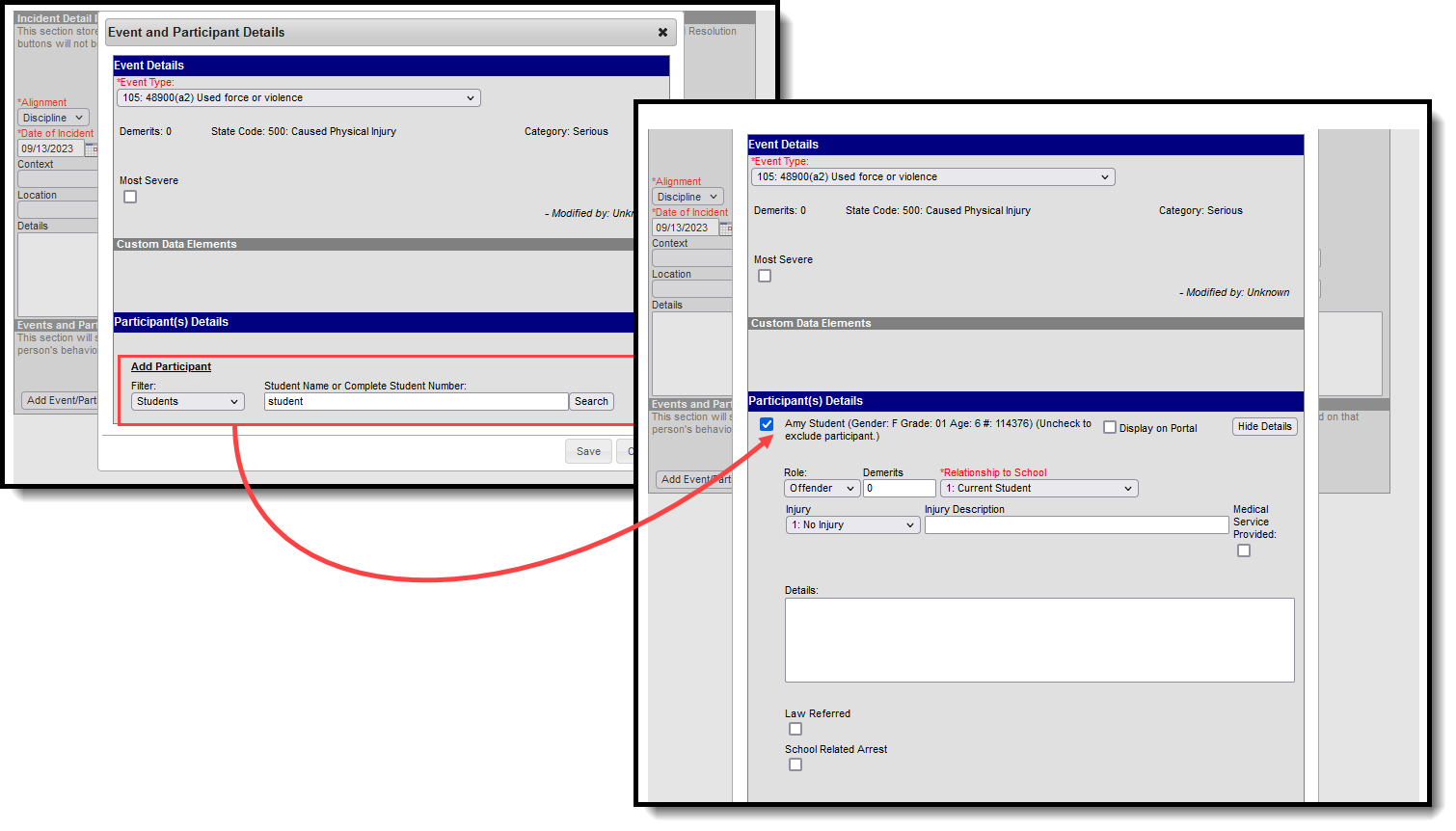 Screenshot of the Participant Details editor that displays when adding a participant to a behavior event. 