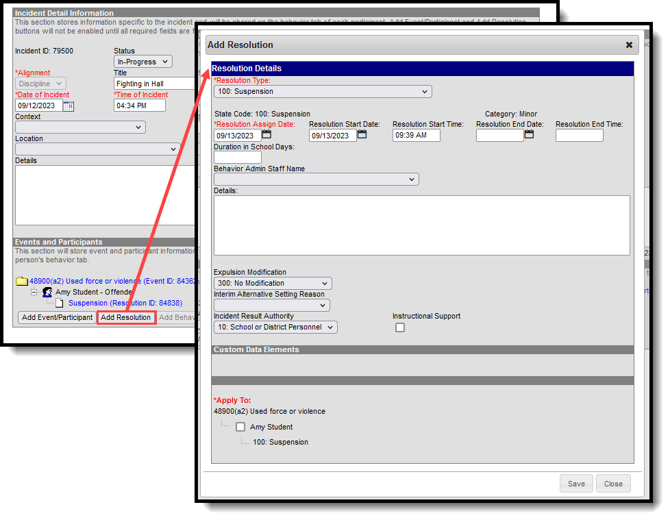 Screenshot of the Resolution Details editor that displays when adding a resolution to a behavior event. 