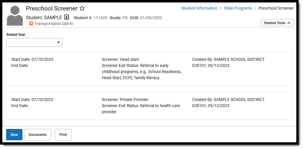 Screenshot of Preschool Screener program with summary records for a student