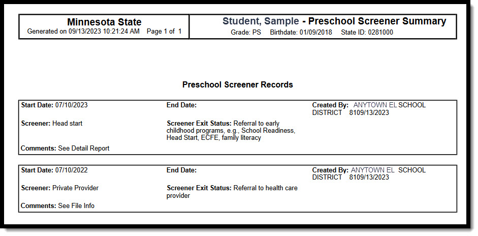 Screenshot showing two Preschool Screener records on a PDF Preschool Screener Summary