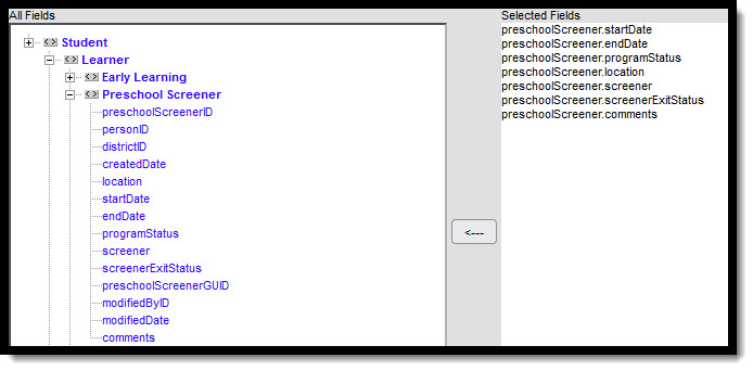 Screenshot of the Ad hoc fields found under Student, learner, preschool screener