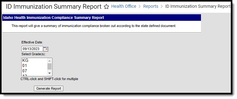 Screenshot of the Idaho immunization summary report editor.
