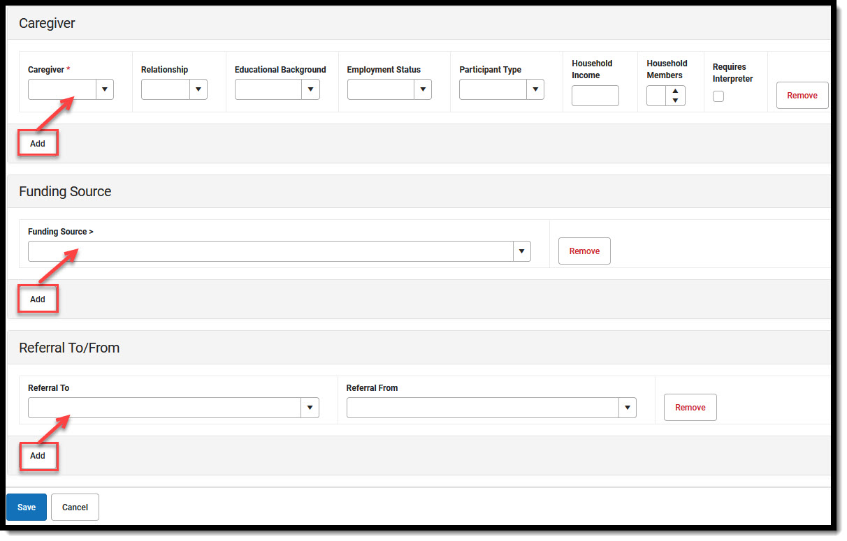 Screenshot showing how to add Caregiver, Funding Source and Referral to a Early Education record.