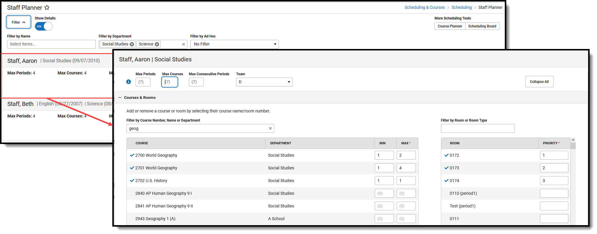 Screenshot of the Staff Planner Side Panel for one teacher