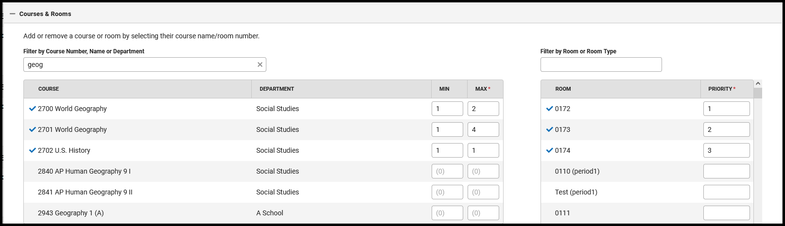 Screenshot of the Course and Rooms section of the Staff Planner side panel. 