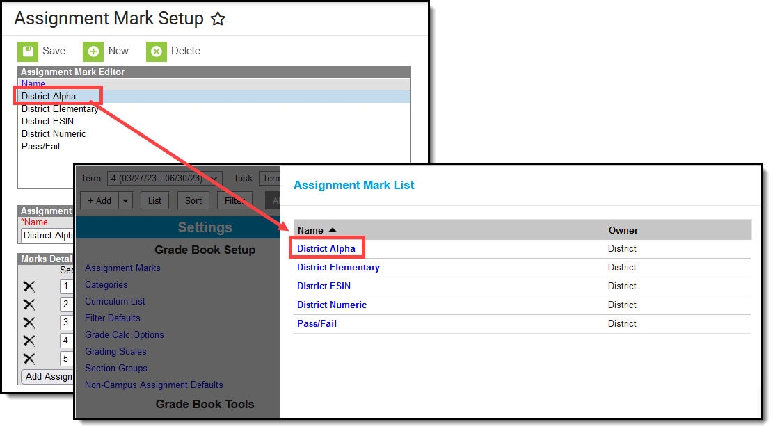 Two-part screenshot of a set of assignment marks in the Setup tool and the same set in the Assignment Marks tool in the Grade Book Settings menu.