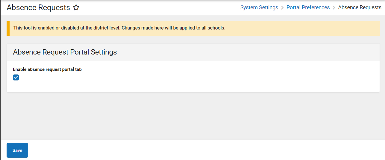 Screenshot of Absence Request Portal Settings with absence requests enabled.