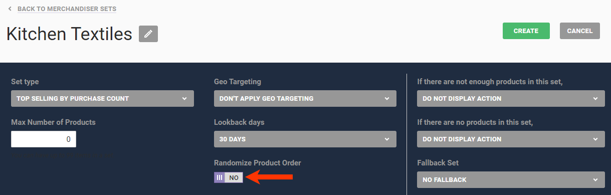 Callout of the 'Randomize Product Order' toggle on the merchandiser set configuration page