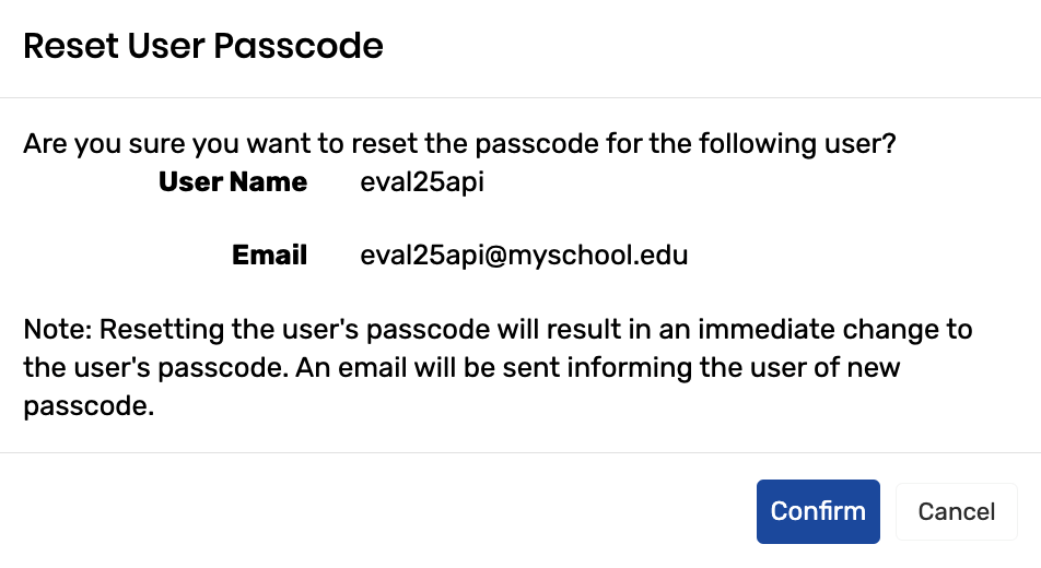 Reset user passcode window