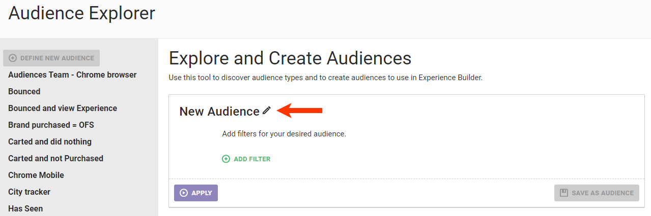Callout of the name field for a new audience on the Audience Explorer page