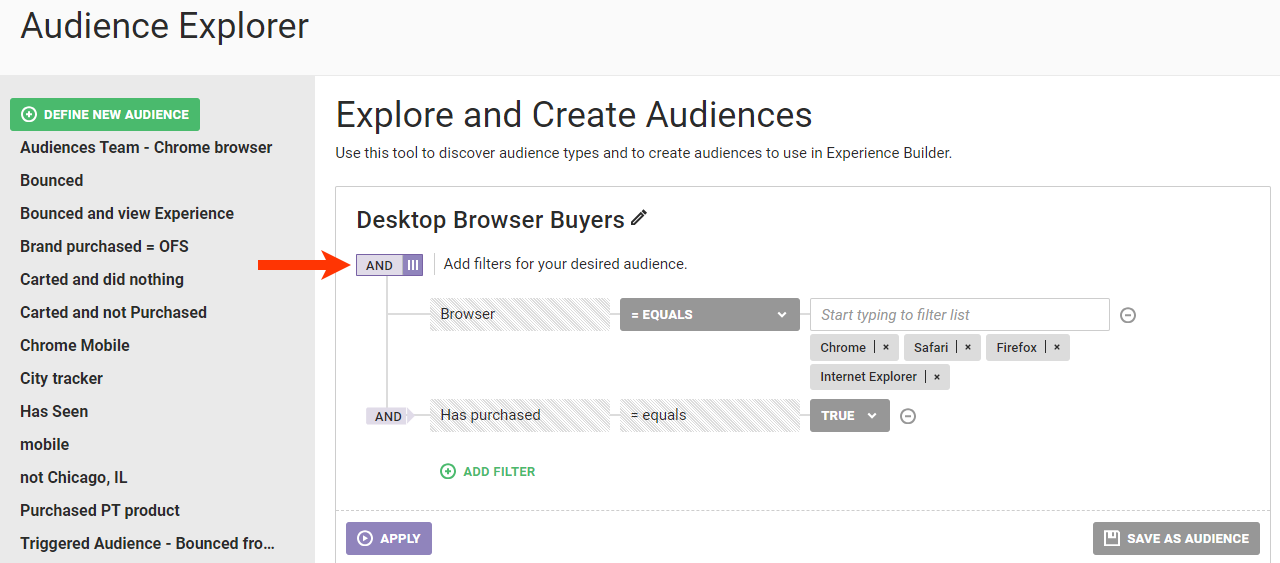 Callout of the filter logic connector toggle for a new audience on the Audience Explorer page