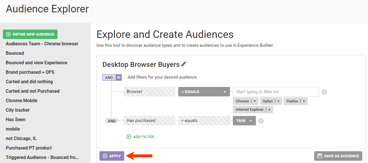Callout of the APPLY button for a new audience on the Audience Explorer page