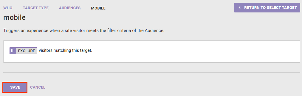 Callout of the SAVE button on a custom audience segment WHO target
