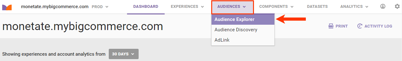 Callout of 'Audience Explorer' in the AUDIENCES top navigation menu