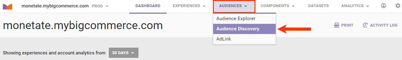 Callout of the Audience Discovery option in the AUDIENCES top navigation menu