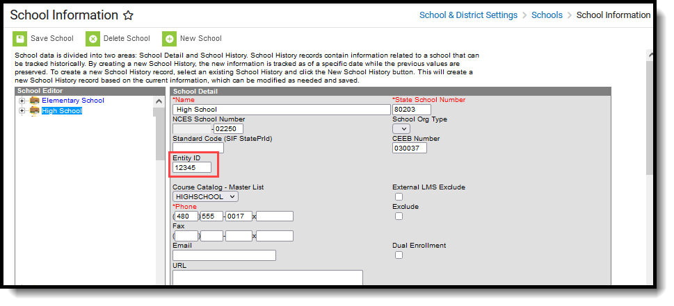 Screenshot of the School Information Editor with the Entity ID highlighted.