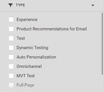 View of the Experience, 'Product Recommendations for Email,' Test, Dynamic Testing, Auto Personalization, Omnichannel, MVT Test, and Full-Page options under the TYPE filter category