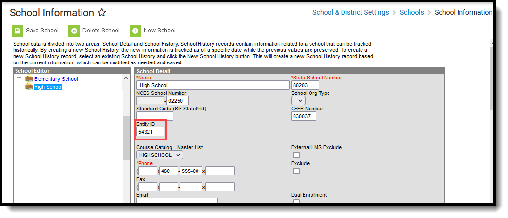 Screenshot of the School Information editor showing the Entity ID set to the school where the student attends. 
