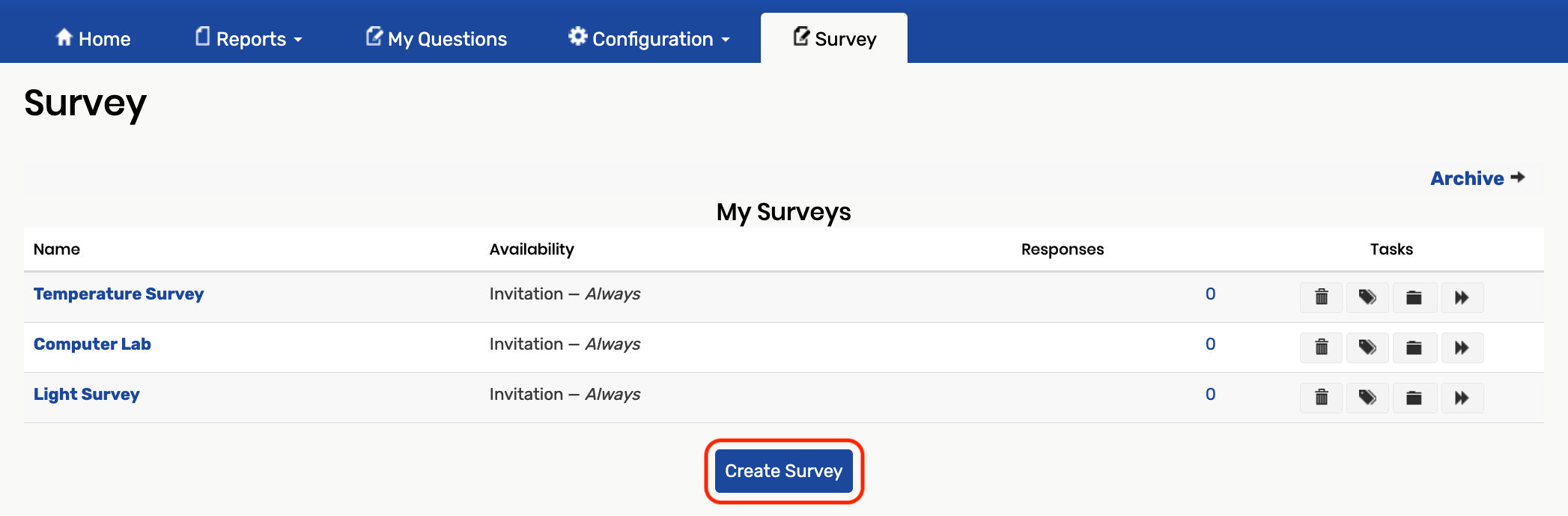 Create survey button under survey list