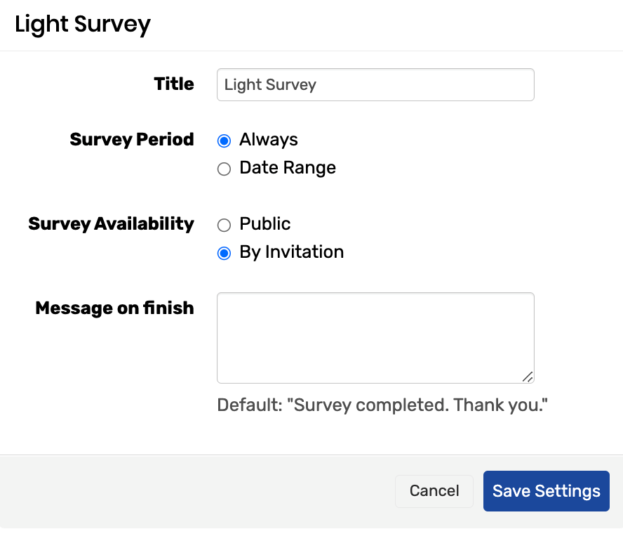 Survey settings window