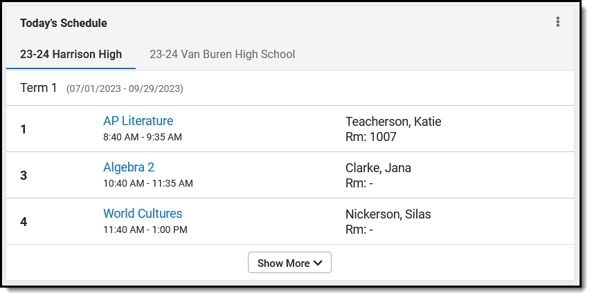 Screenshot of a student's schedule who has multiple enrollments with tabs for each schedule. 