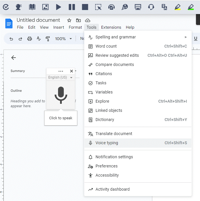 Screenshot showing voice typing menu option in Google Docs
