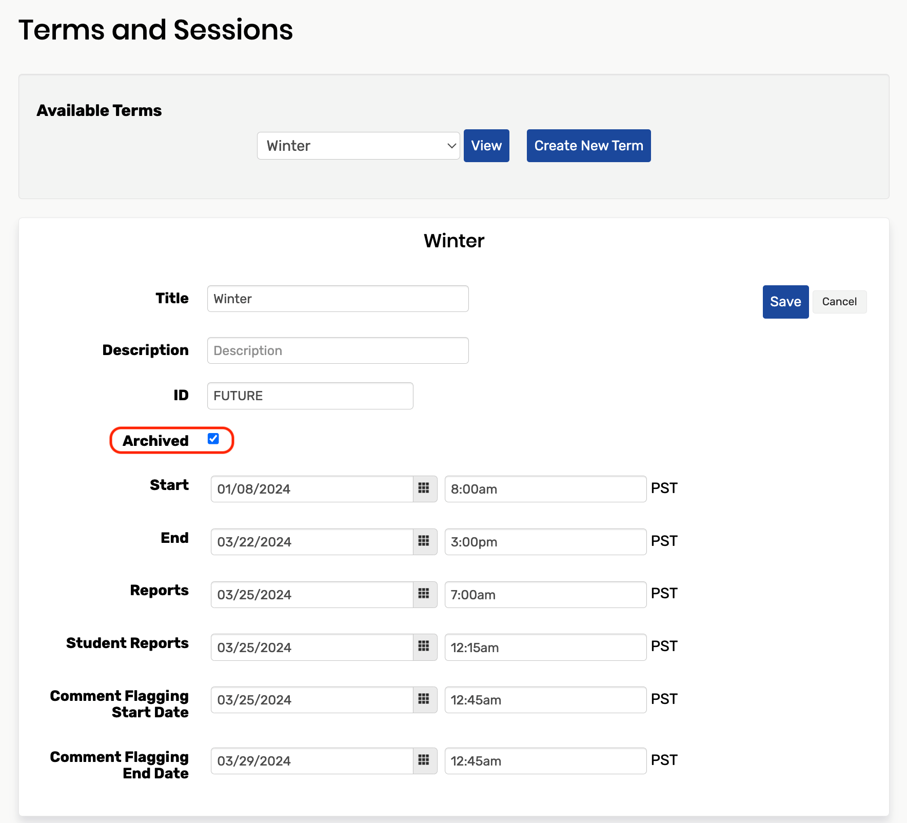 The archived checkbox on the terms and sessions page