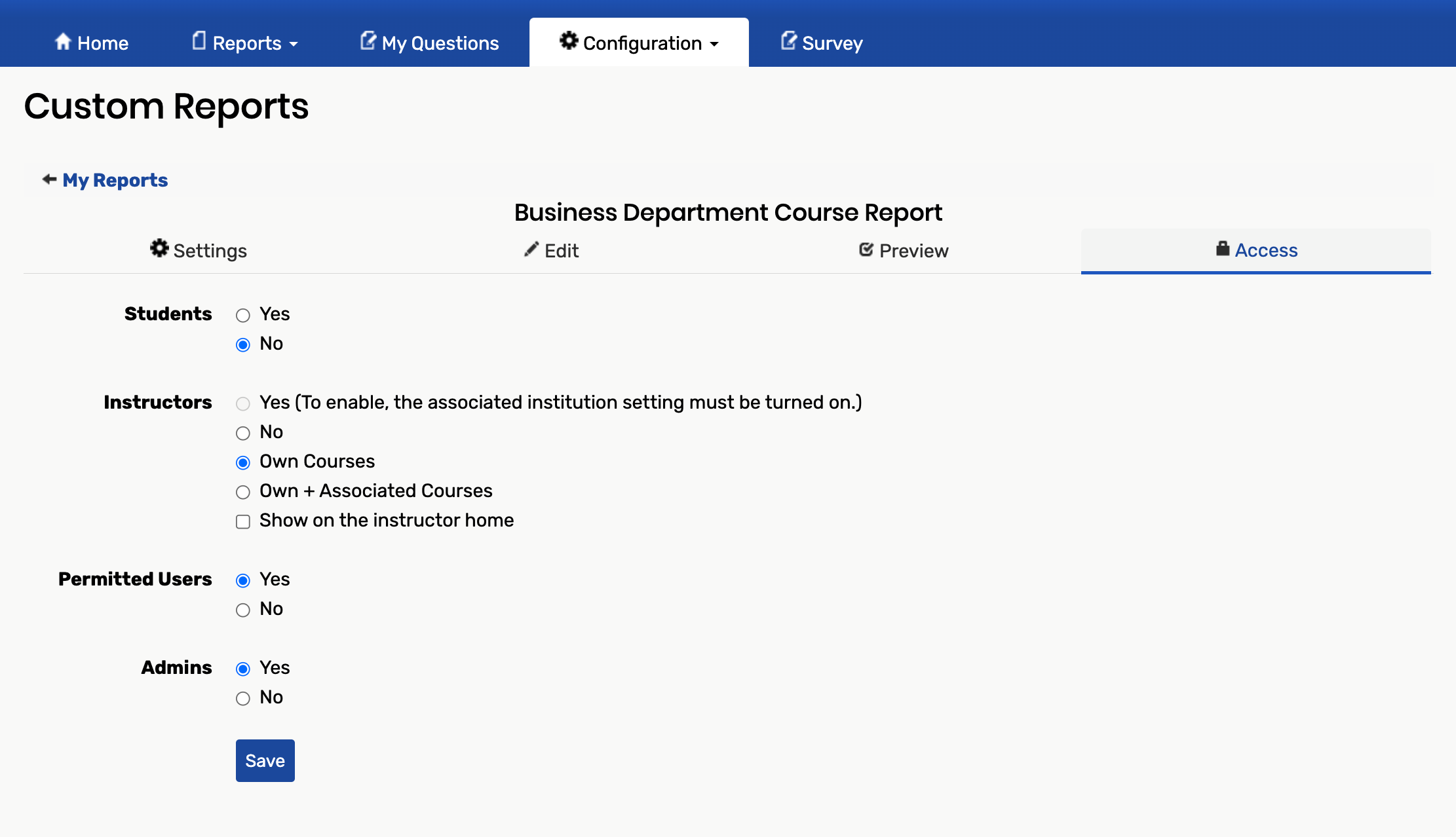 Custom reports access tab