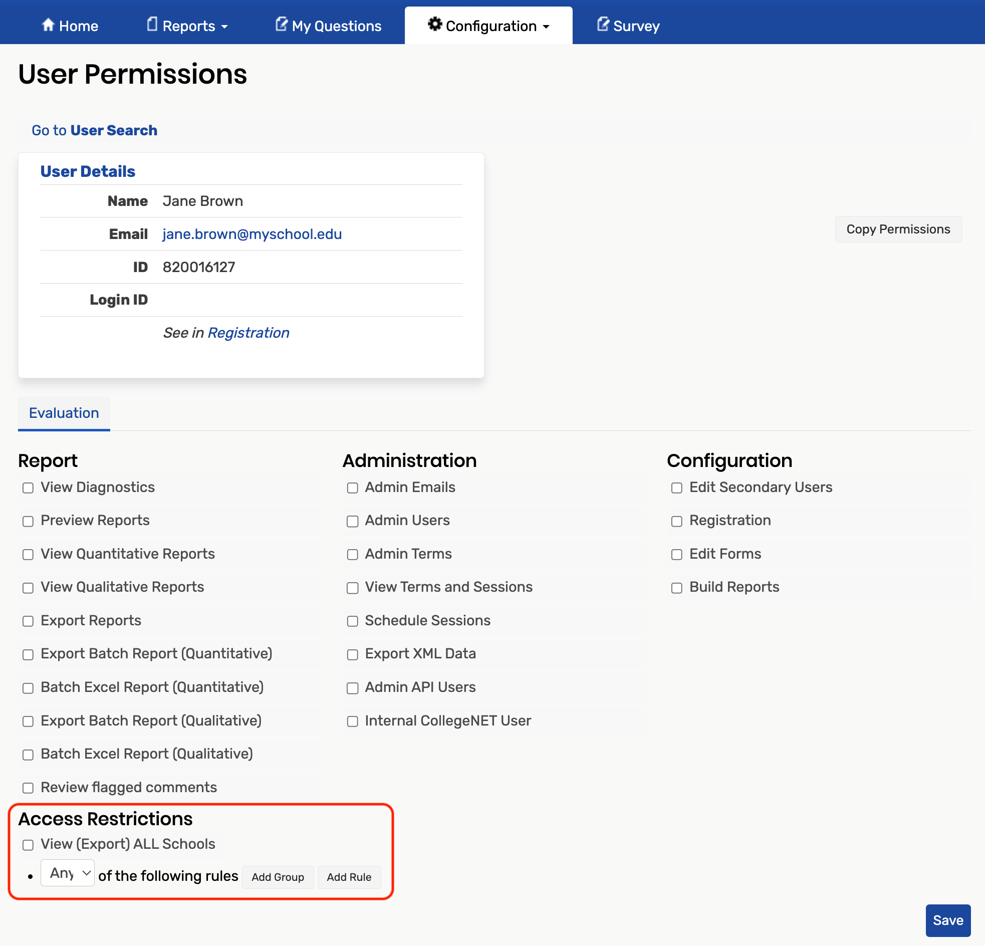 Access restrictions on the user permissions page