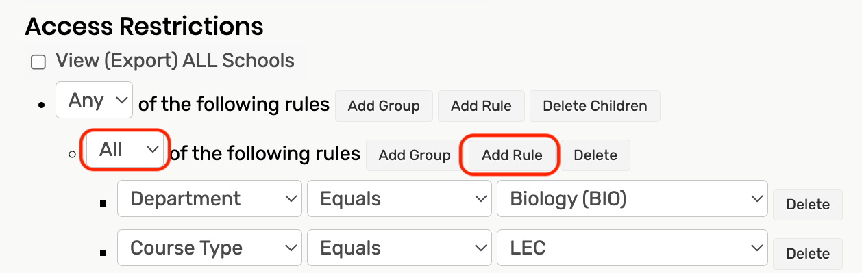 All selected in the dropdown. Add Rule button highlighted.