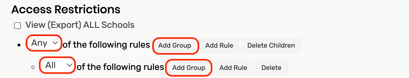 Any is selected in the dropdown for the first group. All is selected in the dropdown for the second group. Both groups have the Add Group button highlighted.