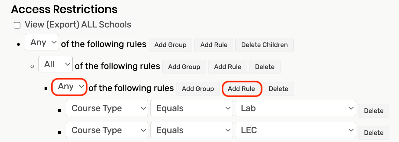 Any is selected in the dropdown of the third group. The Add rule button for the third group is highlighted.